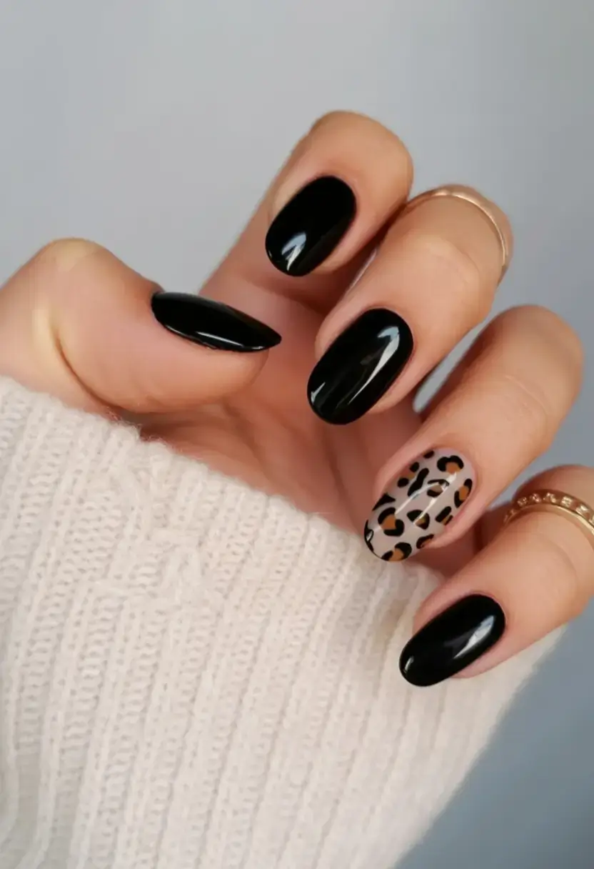 dark spring nail colors 2026 Gloss Black + Wild Card Accent