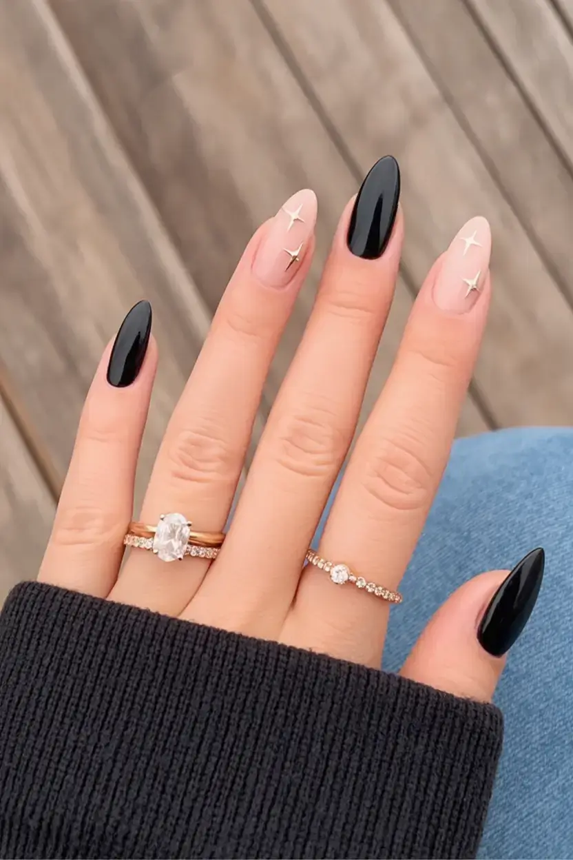 dark spring nail colors 2026 Soft Starbursts on Black and Beige