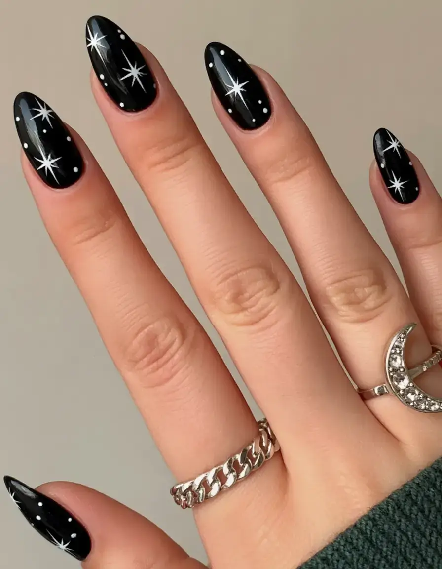 dark spring nail colors 2026 Midnight Sky With Celestial Sparks