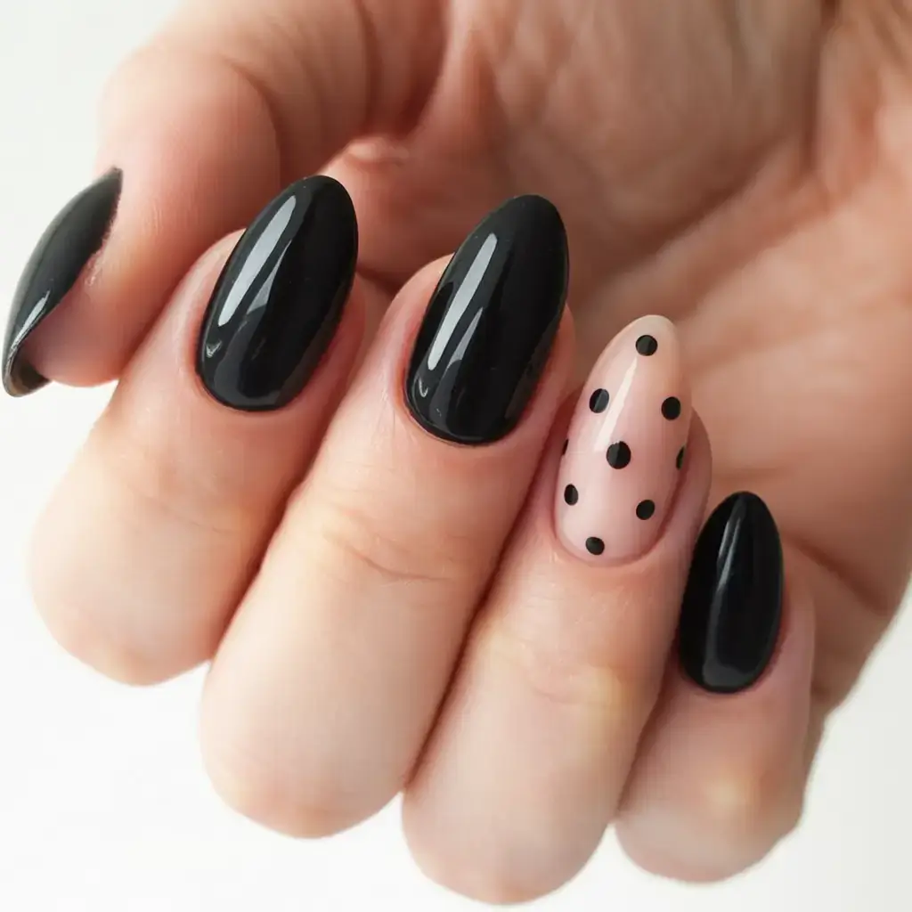 dark spring nail colors 2026 Gloss Black + Dotted Nude Pop