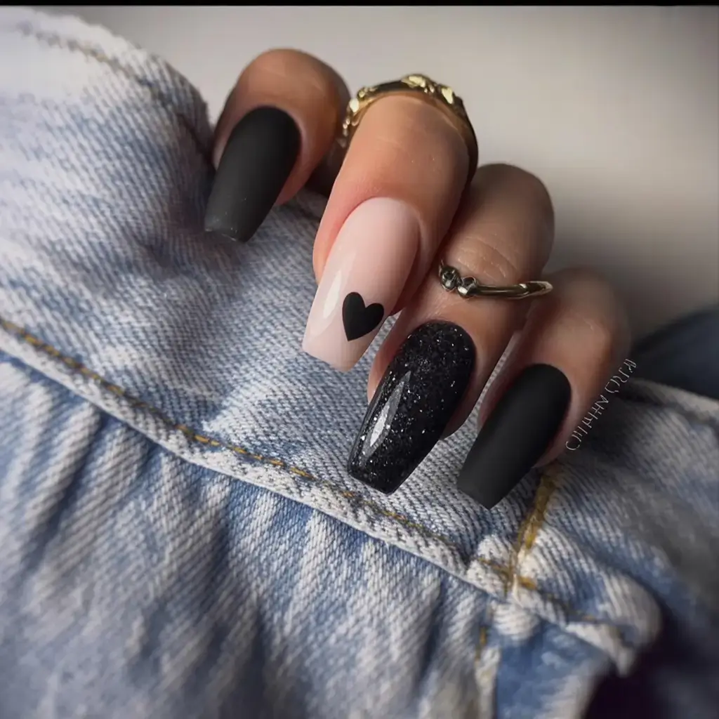 dark spring nail colors 2026 Matte Meets Glitter With a Heart