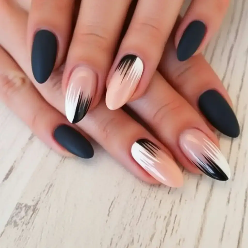 dark spring nail colors 2026 Graphic Strokes on Nude + Ink Matte