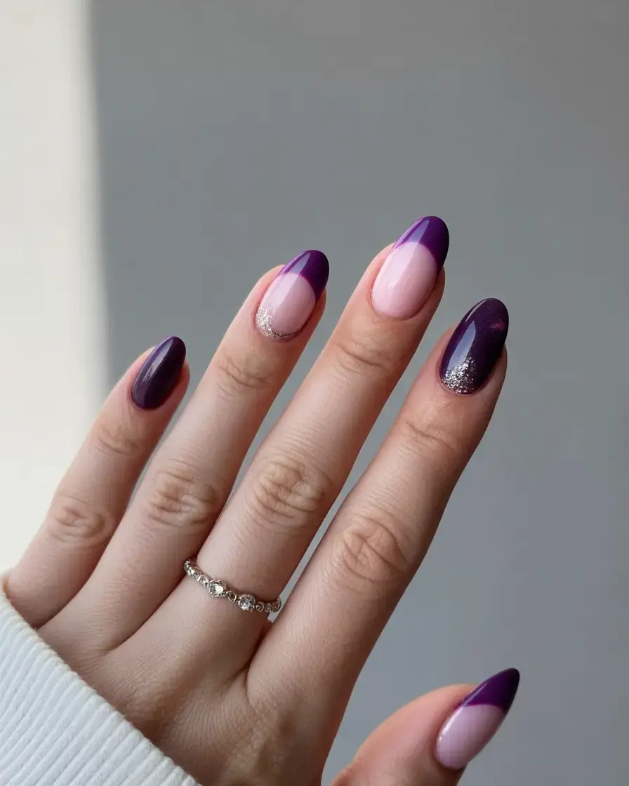 dark spring nail colors 2026 Violet Layers With a Hint of Glitter