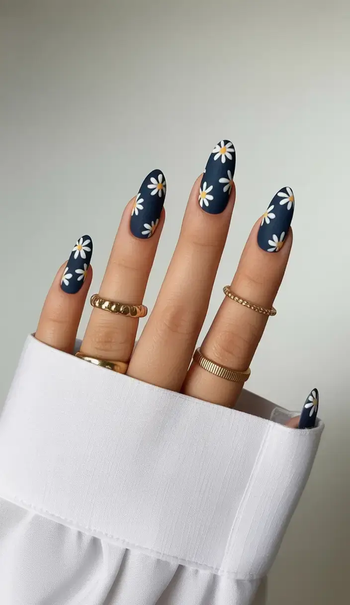 dark spring nail colors 2026 Daisy Chains on Midnight Blue