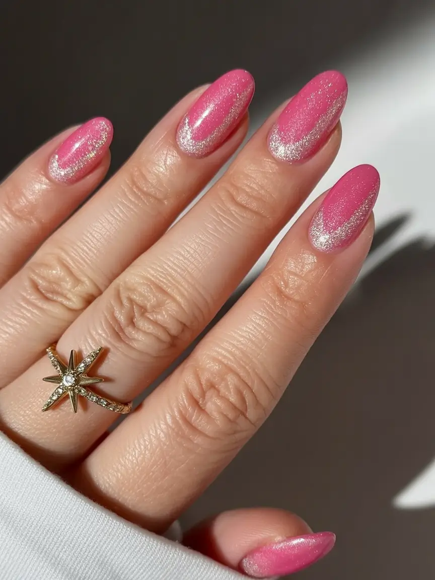 delicate spring nails pink 2026 Silver-Shine Pink Stardust Fade