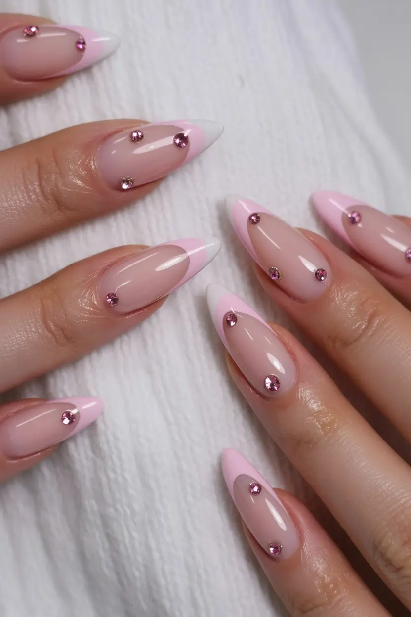 delicate spring nails pink 2026 Pink Crystal-Studded French Accent