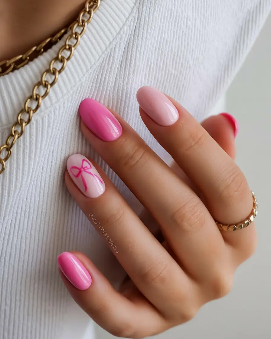 delicate spring nails pink 2026 Playful Pink Ribbon Accent