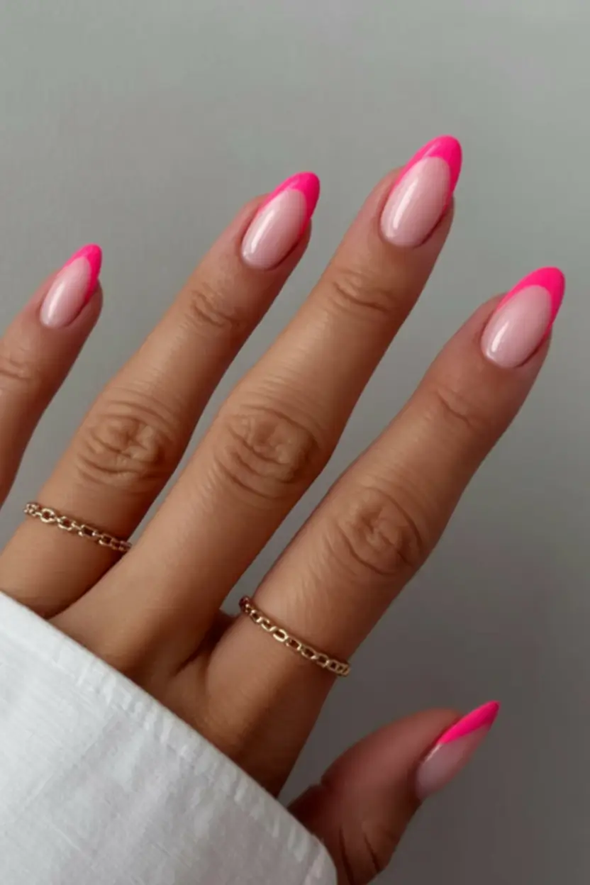 delicate spring nails pink 2026 Neon-Pink Framed Almond Tips