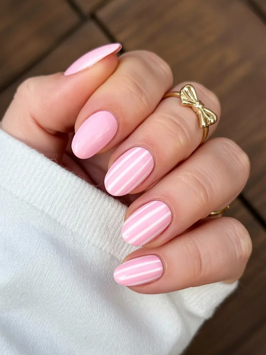 delicate spring nails pink 2026 Striped Pastel Pink Almond Sweetness
