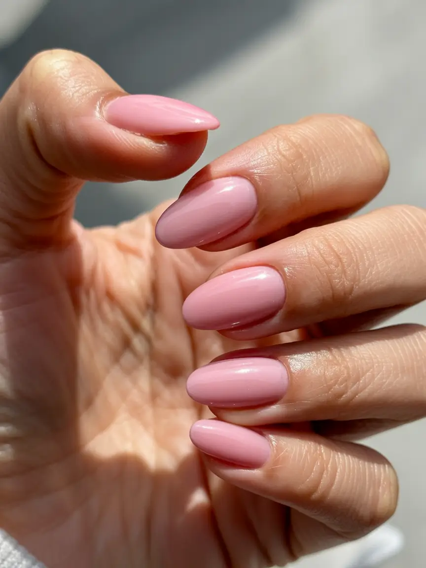 delicate spring nails pink 2026 Warm Rosy-Pink Almond Shine