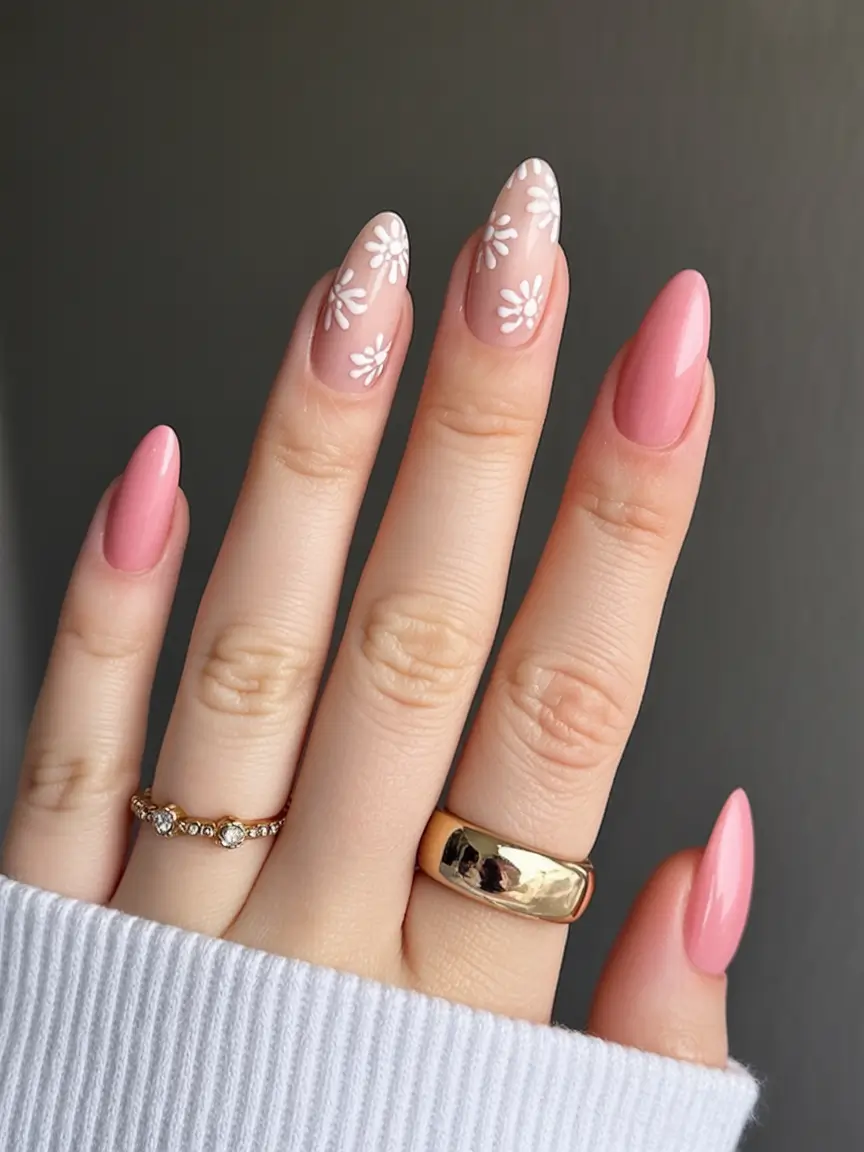 delicate spring nails pink 2026 Blush Pink Florals on Almond Nails
