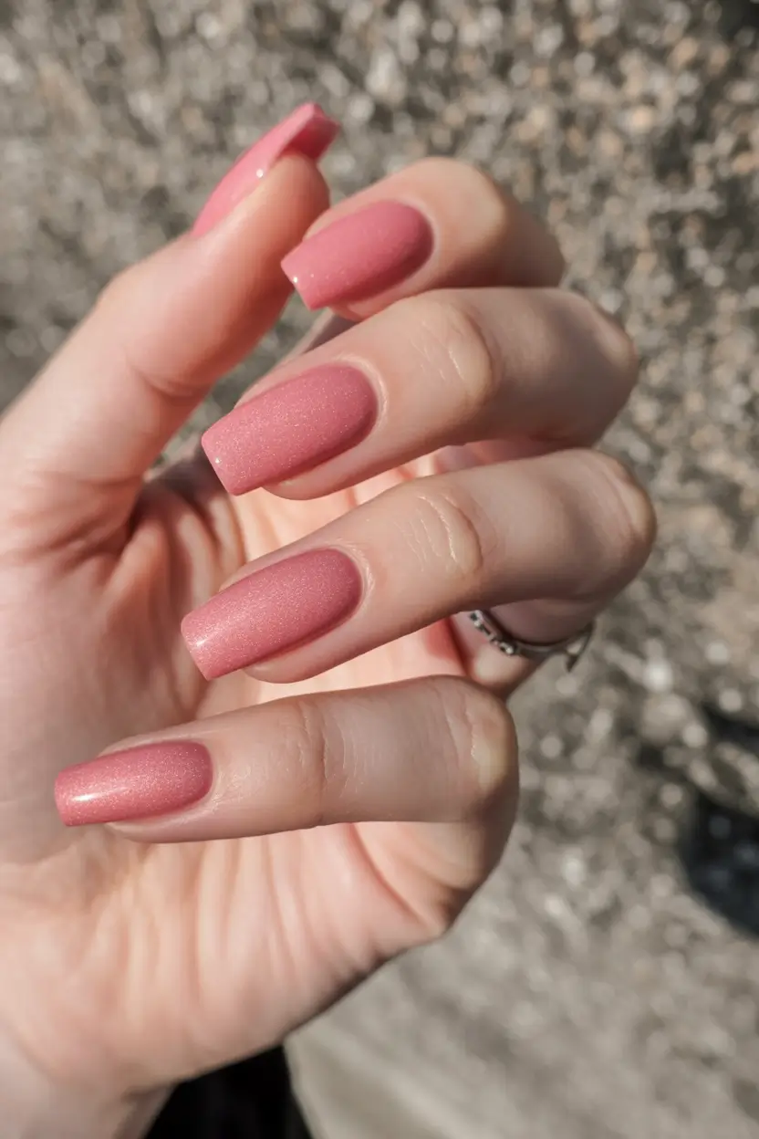 delicate spring nails pink 2026 Shimmered Coral-Pink Square Elegance