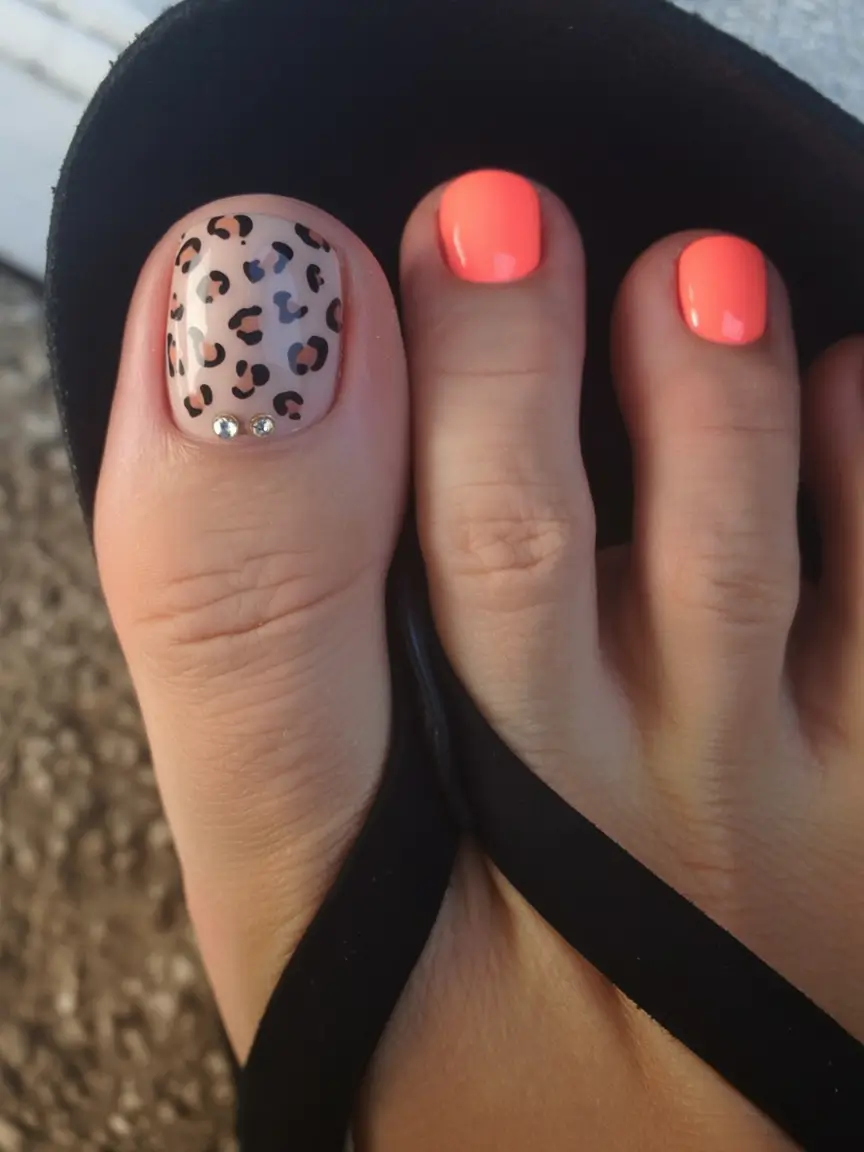 delicate spring toe nails 2026 Neon Coral Meets Soft Leopard Neutrals