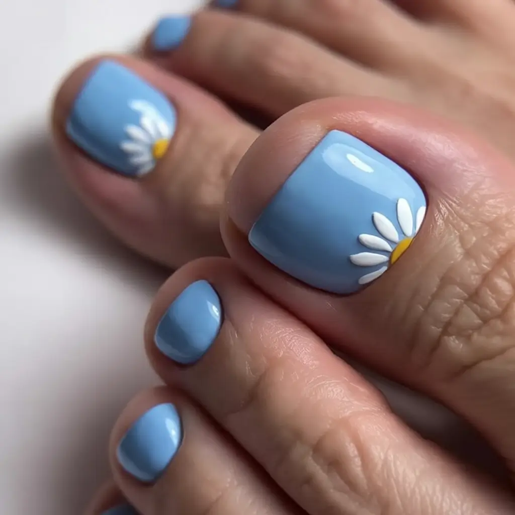 delicate spring toe nails 2026 Sky-Blue Daisies With a Soft Spring Glow