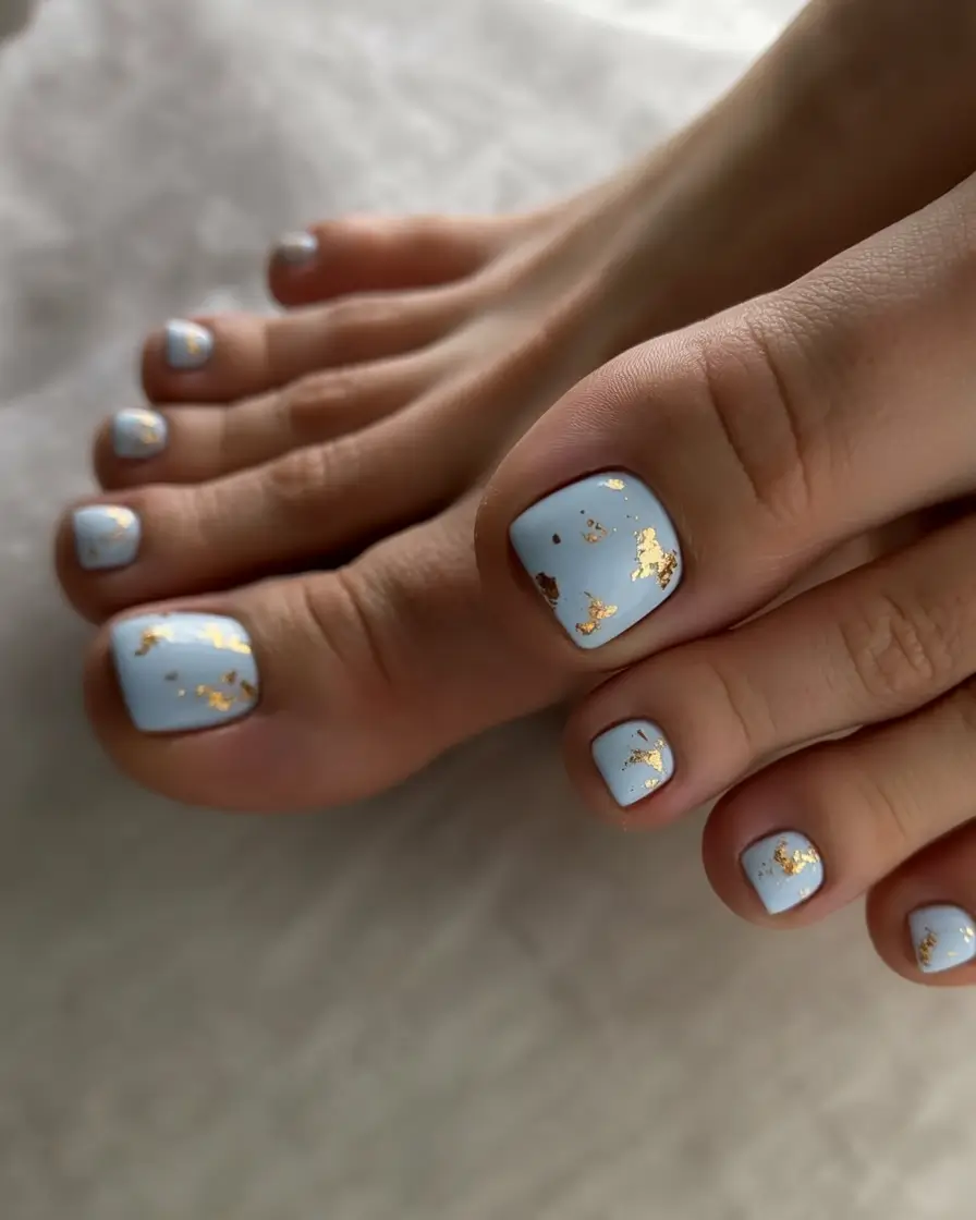 delicate spring toe nails 2026 Powder Blue Polish With Scattered Gold Leaf