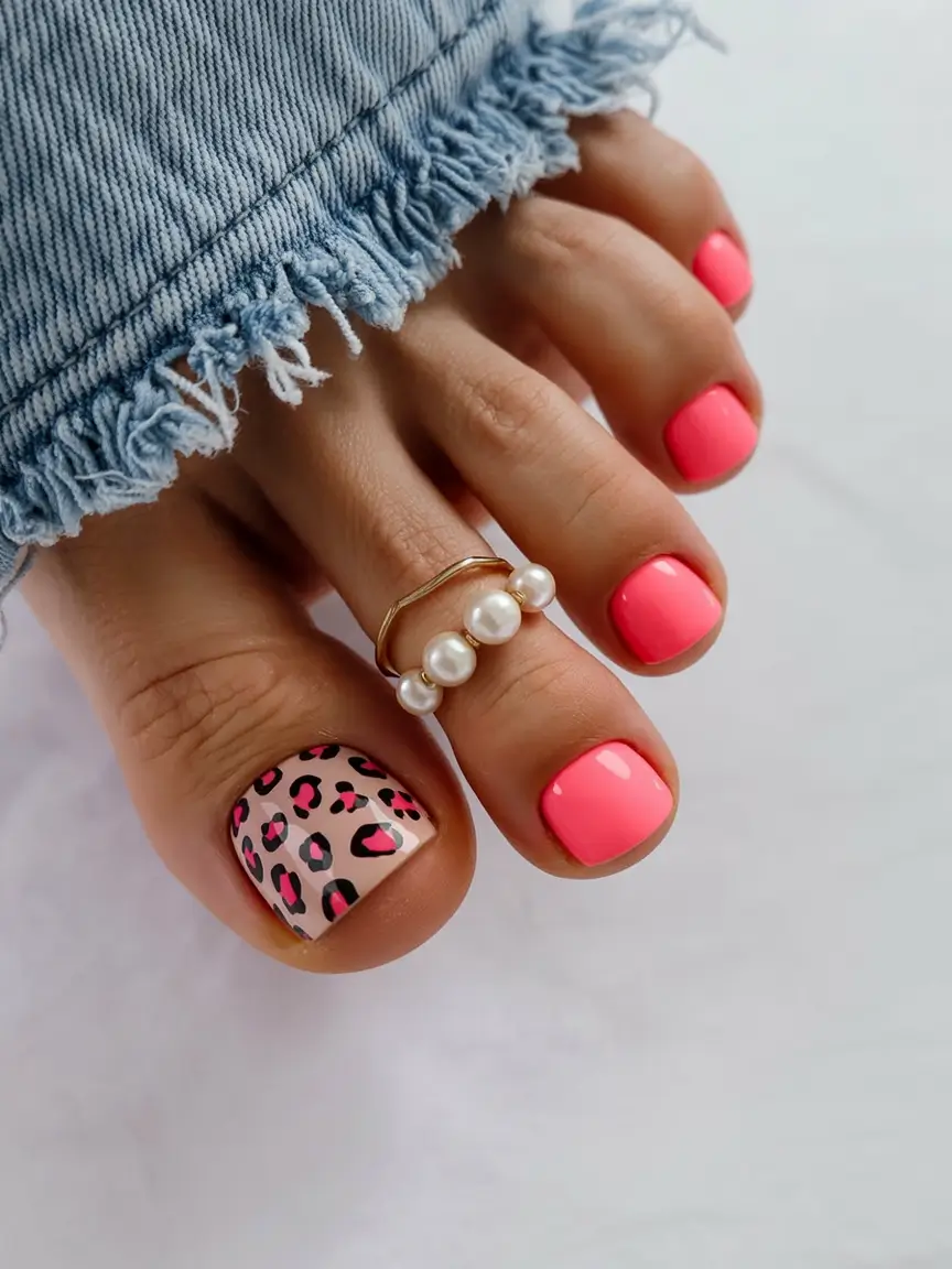 delicate spring toe nails 2026 Vibrant Pink Pop With Chic Leopard Accent