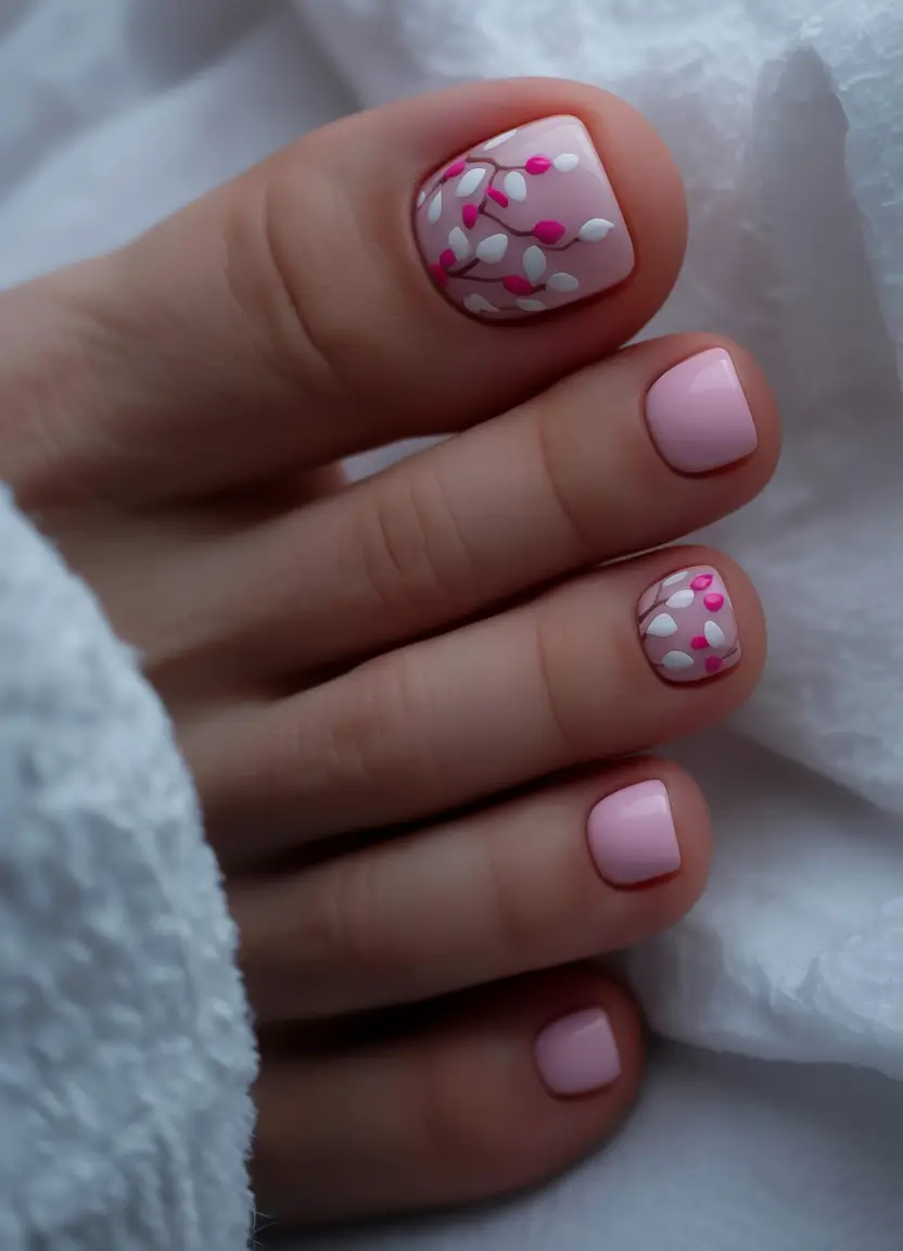 delicate spring toe nails 2026 Soft Pink Blossoms With Whimsical Branch Detailing
