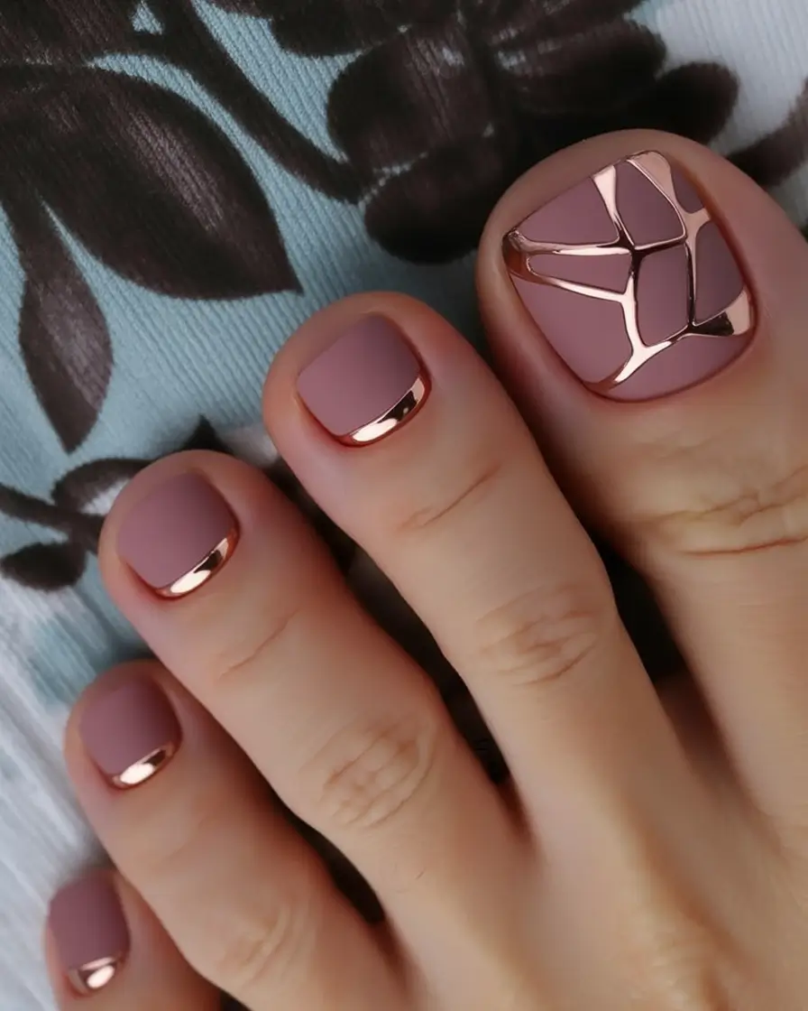 delicate spring toe nails 2026 Matte Mauve With Rose-Gold Sculpted Accents