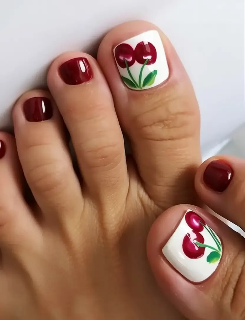 delicate spring toe nails 2026 Deep Cherry Red With Playful Fruit Motif
