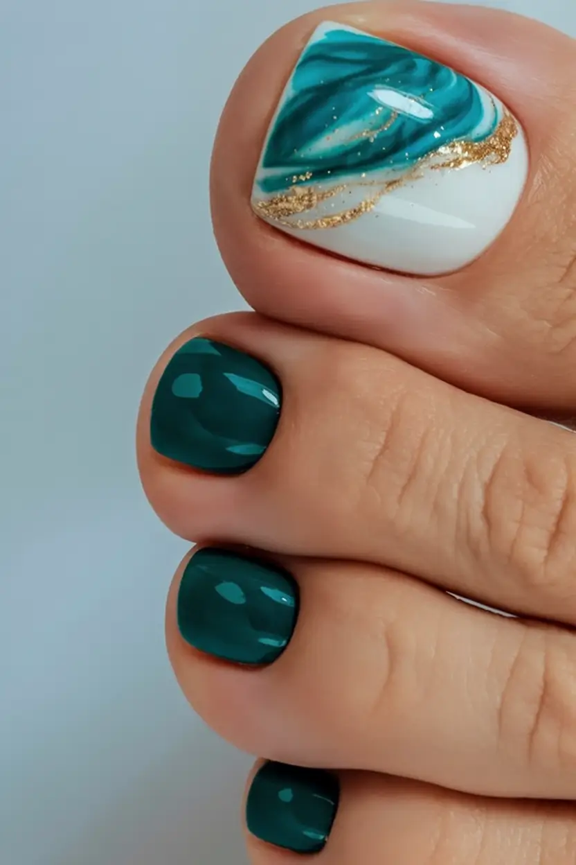 delicate spring toe nails 2026 Teal Marble Waves With Golden Accents