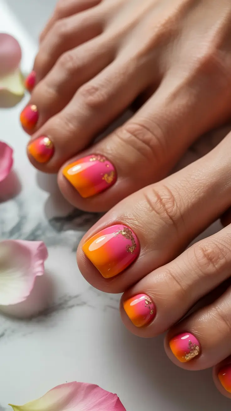 delicate spring toe nails 2026 Sunset Ombré With Gold Leaf Highlights