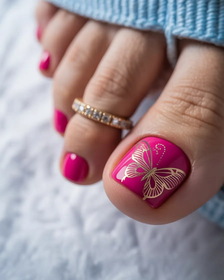 delicate spring toe nails 2026 Magenta Gloss With Delicate Golden Butterfly