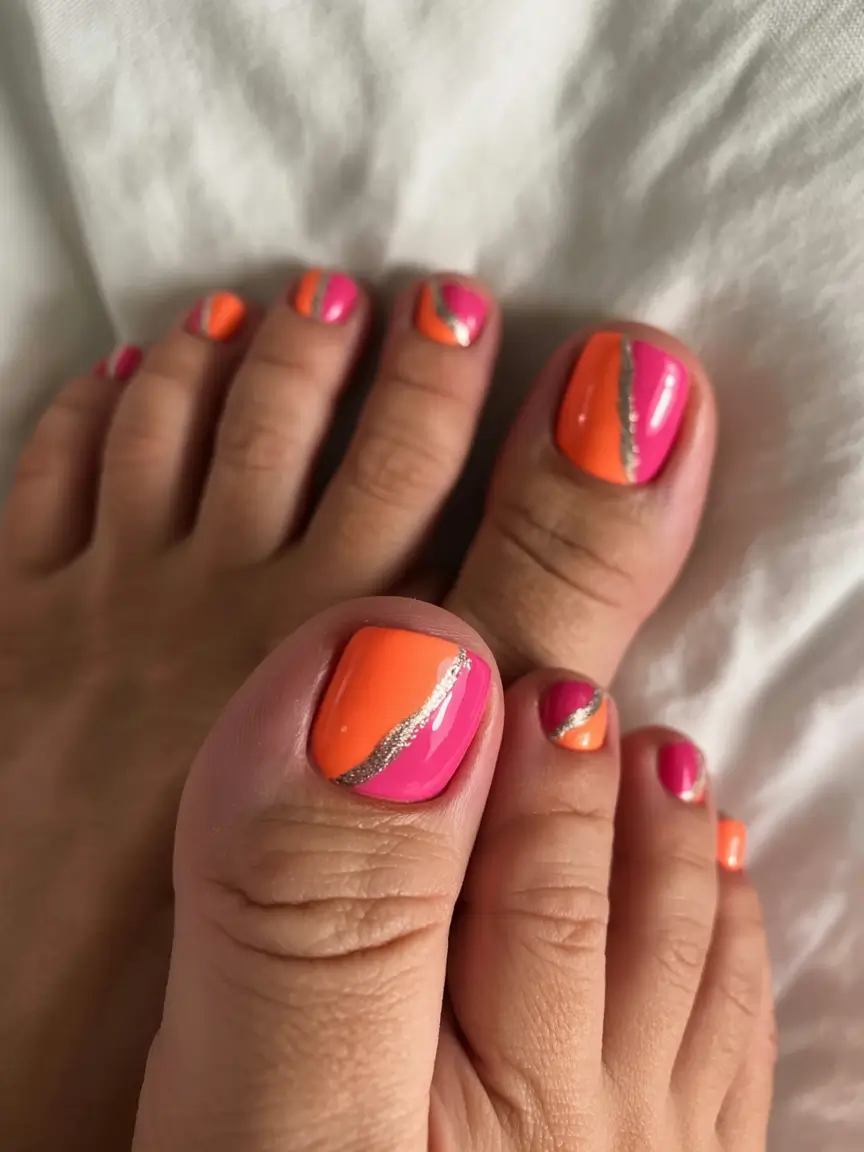 delicate spring toe nails 2026 Vibrant Pink–Orange Split Design With Silver Accents