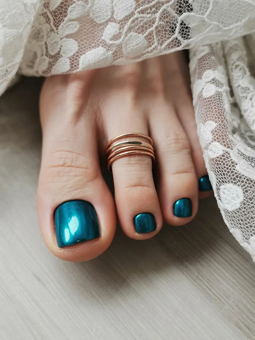 delicate spring toe nails 2026 Deep Teal Mirror Shine