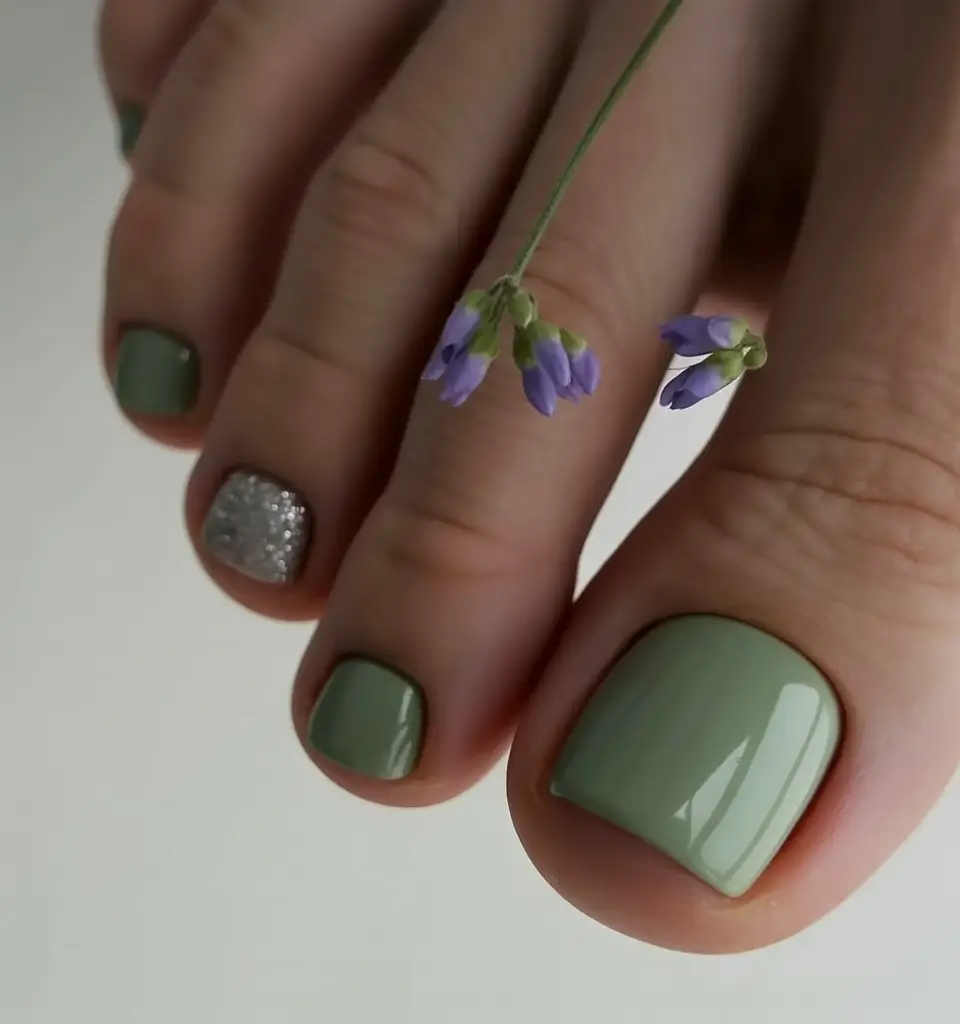 delicate spring toe nails 2026 Sage Green Simplicity With a Touch of Silver
