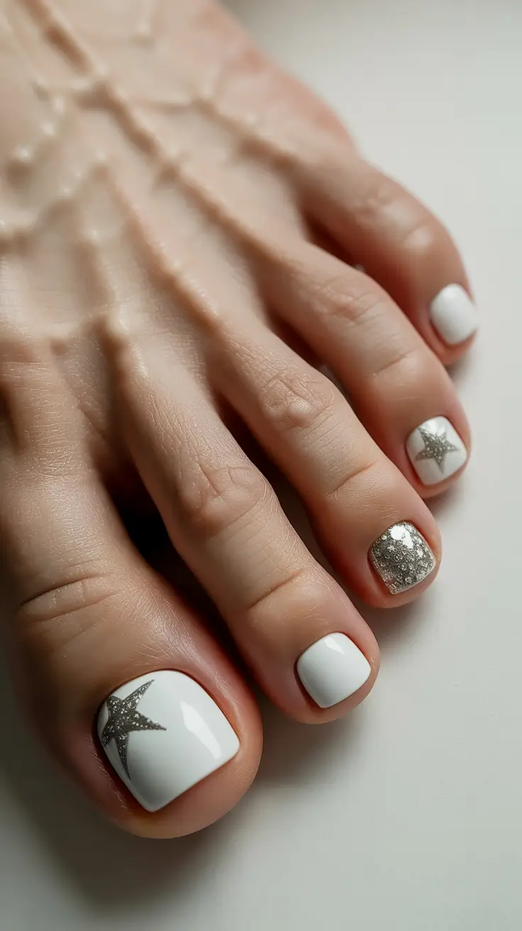 delicate spring toe nails 2026 White Star Accents With Shimmering Highlights