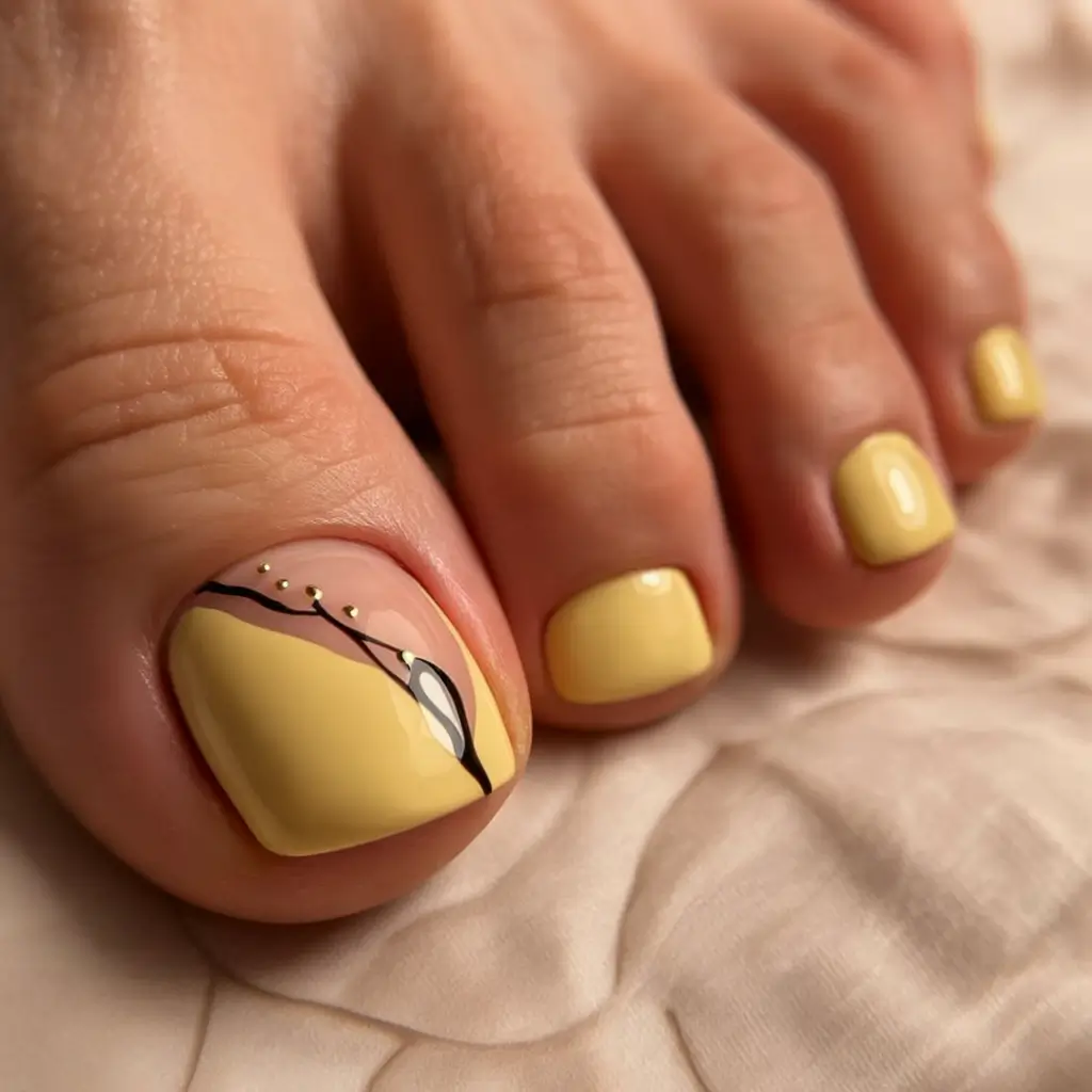 delicate spring toe nails 2026 Sunlit Yellow With Minimalist Spring Linework