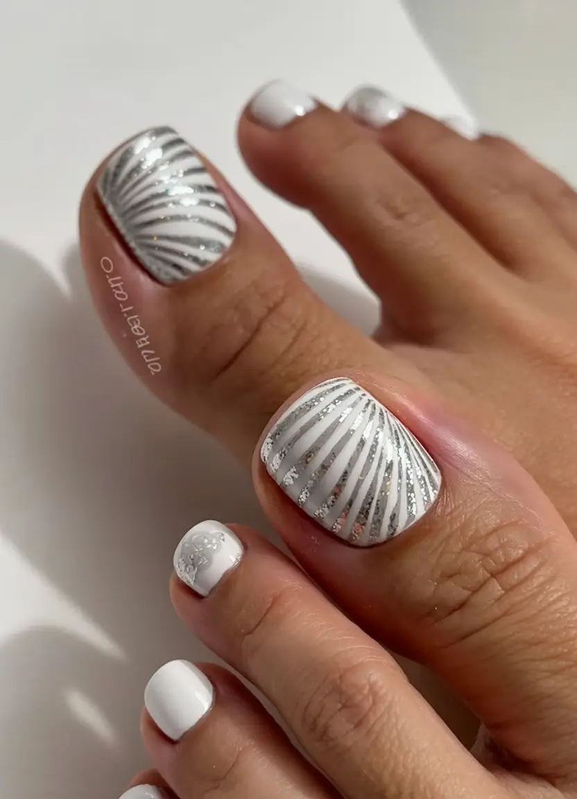 delicate spring toe nails 2026 Silver Sunburst Over Clean White Layers