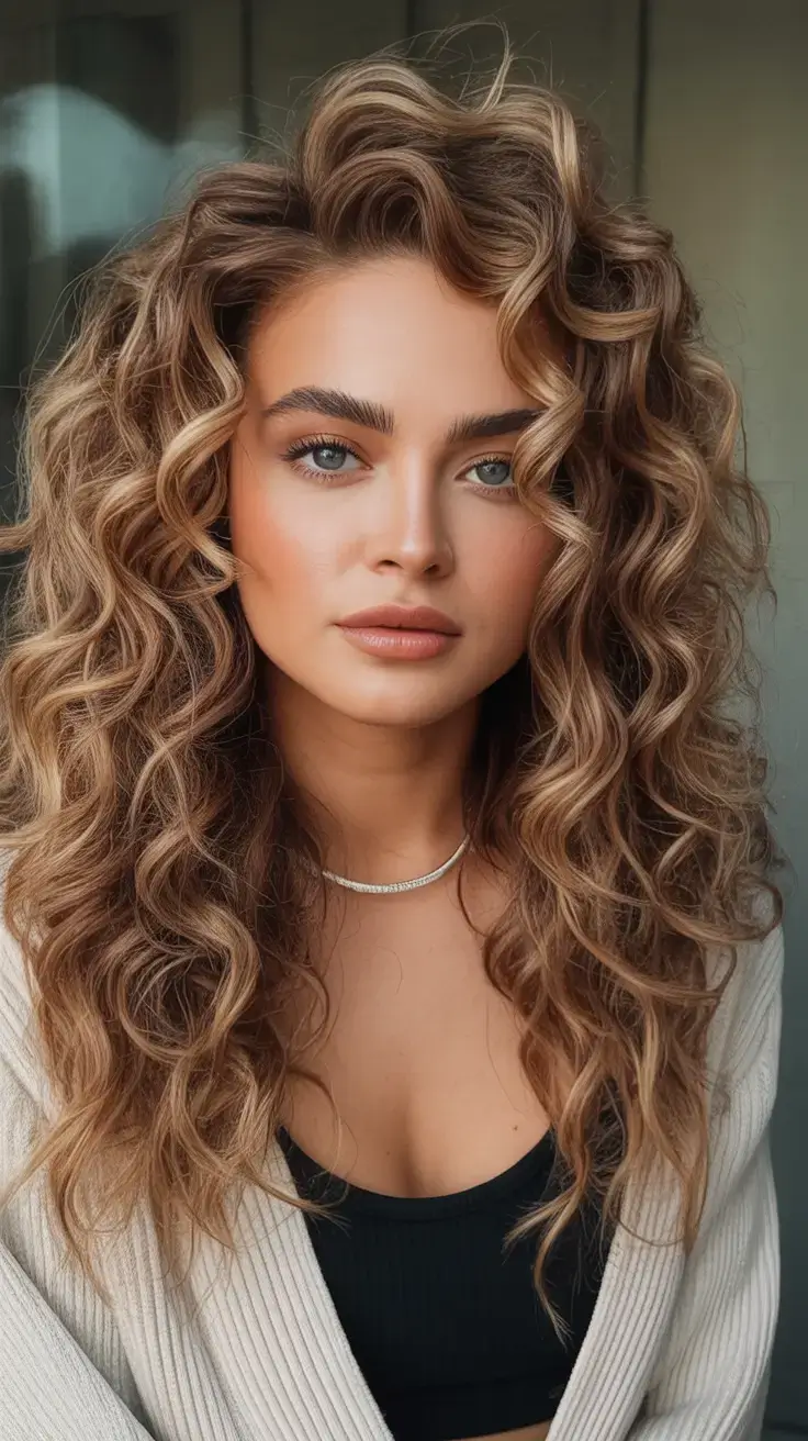 easy spring haircuts to try 2026 Wild Romantic Curls with Golden Brunette Dimension