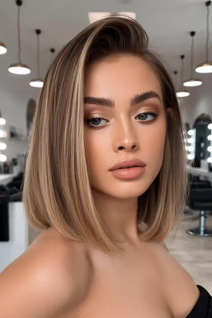 easy spring haircuts to try 2026 Sharp One-Length Bob with Deep Side Sweep