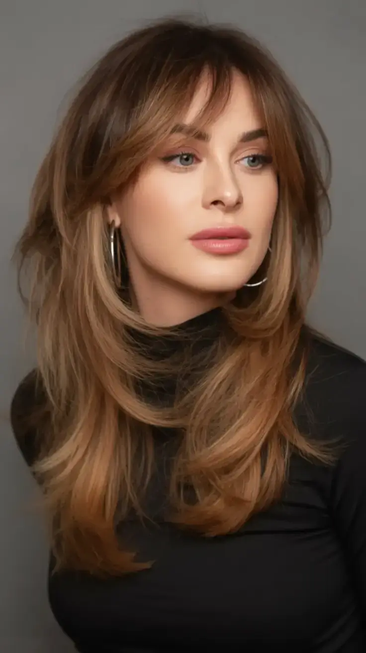 easy spring haircuts to try 2026 Layered Chestnut Cascade with Soft Bangs