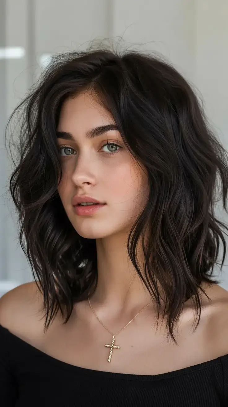 easy spring haircuts to try 2026 Textured Jet Black Lob with Loose Waves