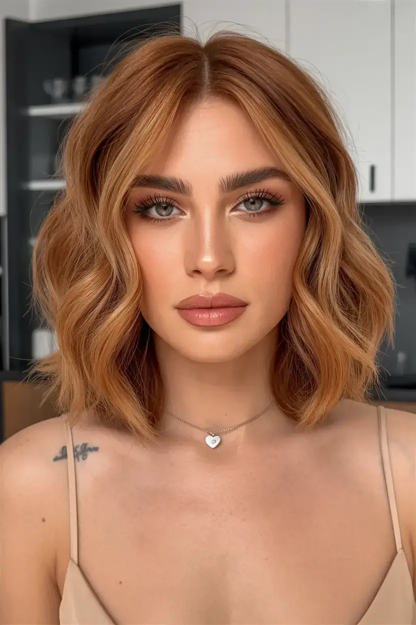 easy spring haircuts to try 2026 Copper Cinnamon Bob with Sculpted Waves