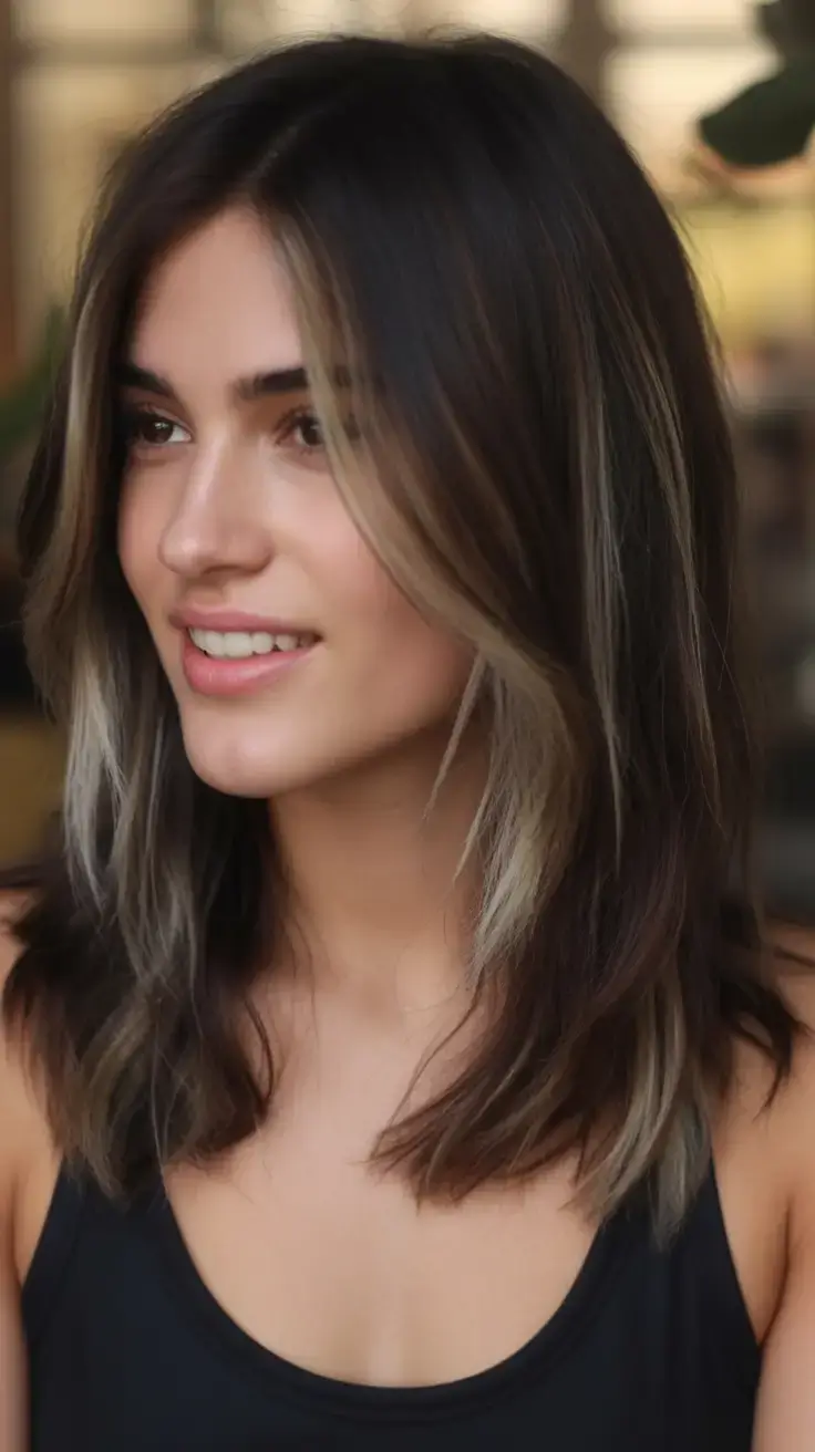 easy spring haircuts to try 2026 Smoky Brunette with Front-Framing Cool Blonde Panels
