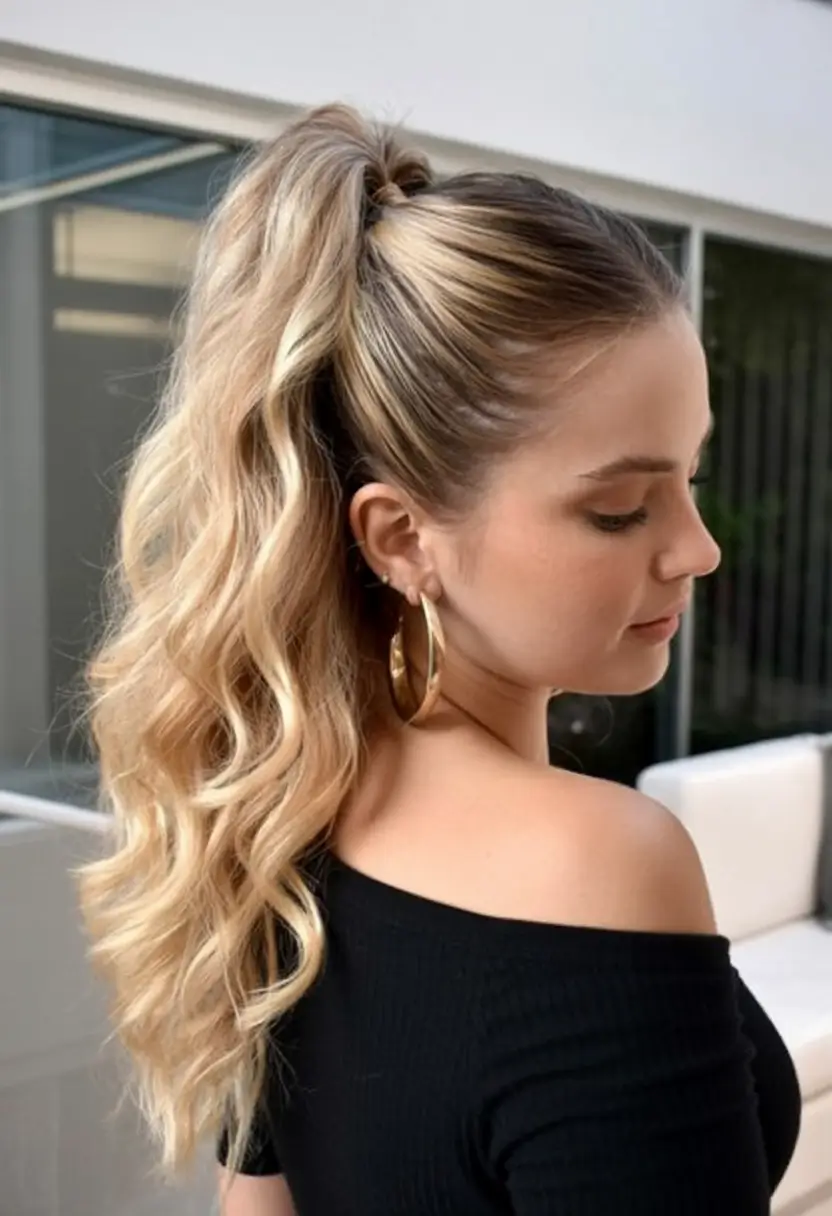 easy spring hairstyle for long hair 2026 Sunny High Ponytail With Soft Blonde Waves
