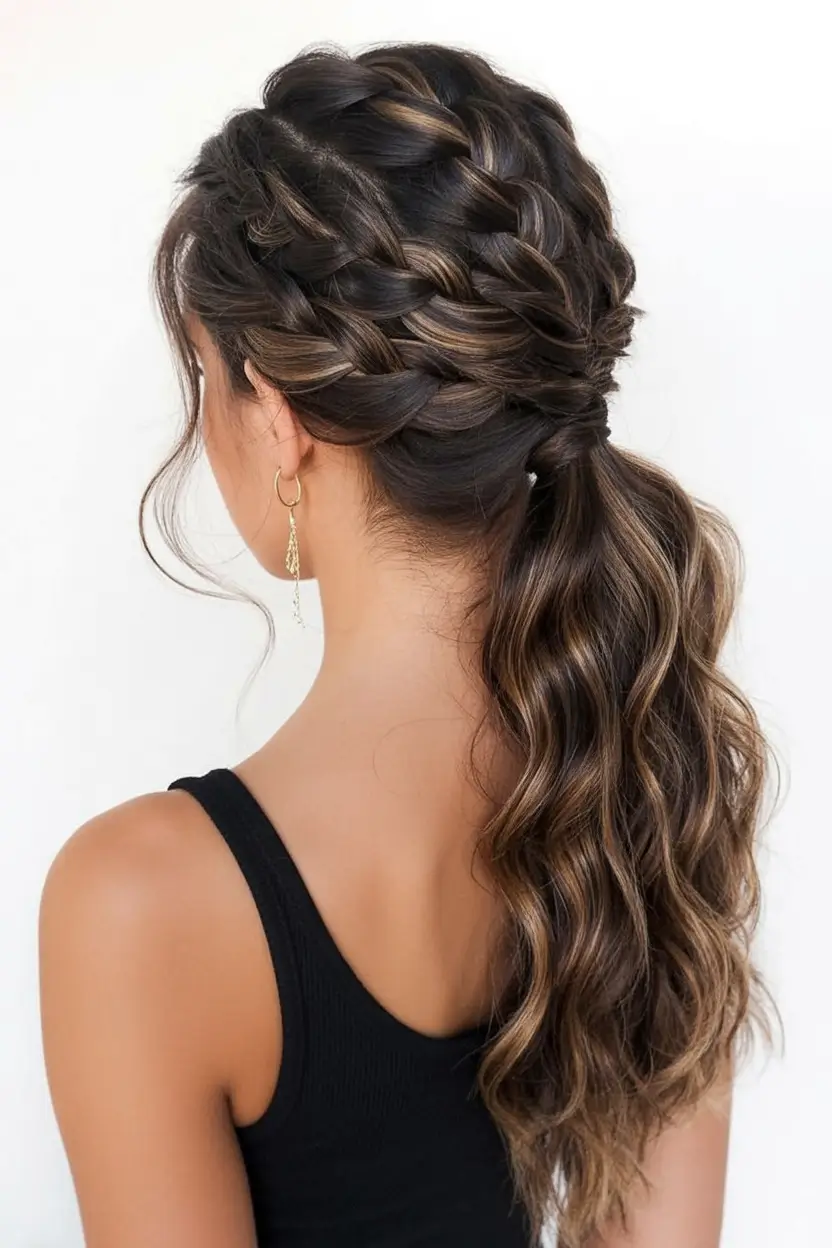easy spring hairstyle for long hair 2026 Double-Braided Ponytail With Subtle Dimensional Waves