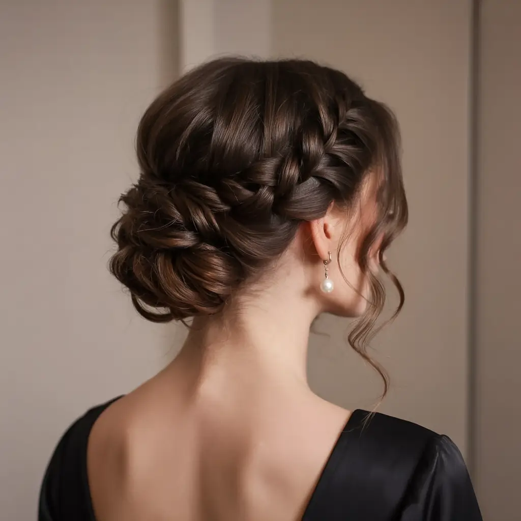 easy spring hairstyle for long hair 2026 Romantic Braided Low Updo With Soft Curled Edges