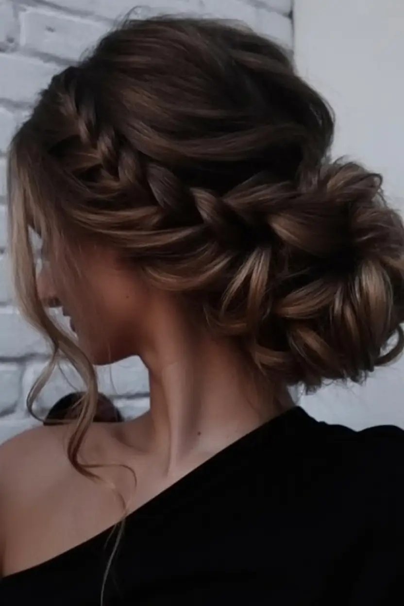 easy spring hairstyle for long hair 2026 Textured Side Braid Updo With Soft Romantic Volume