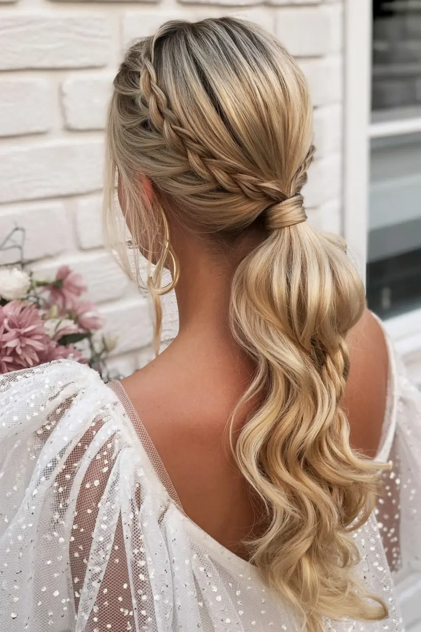 easy spring hairstyle for long hair 2026 Boho Braided Ponytail With Cascading Golden Waves