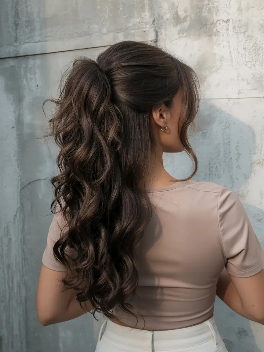 easy spring hairstyle for long hair 2026 Romantic Cascading Ponytail With Defined Curls