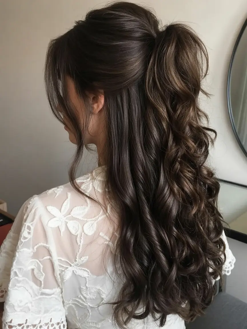 easy spring hairstyle for long hair 2026 Voluminous Curly Half-Up Ponytail With Deep Brunette Shine