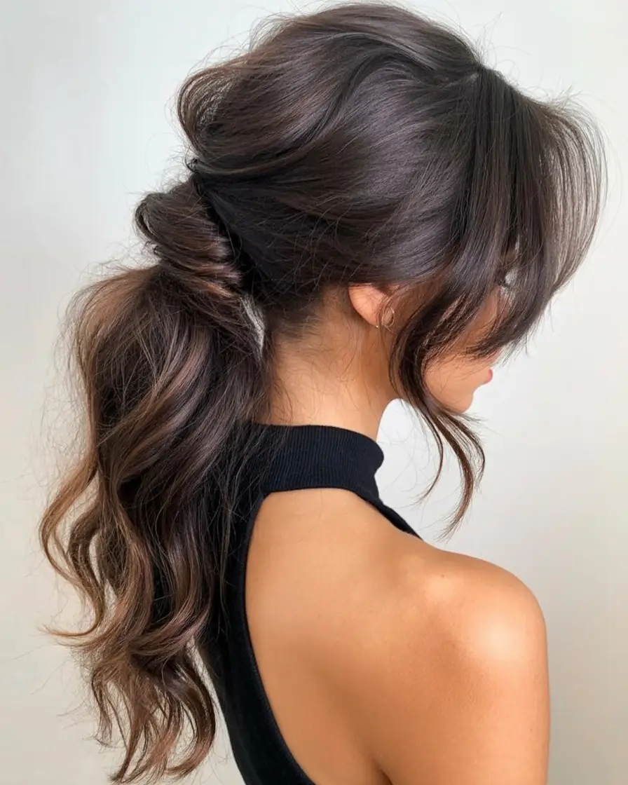 easy spring hairstyle for long hair 2026 Voluminous Wrapped Ponytail With Soft Face Framing