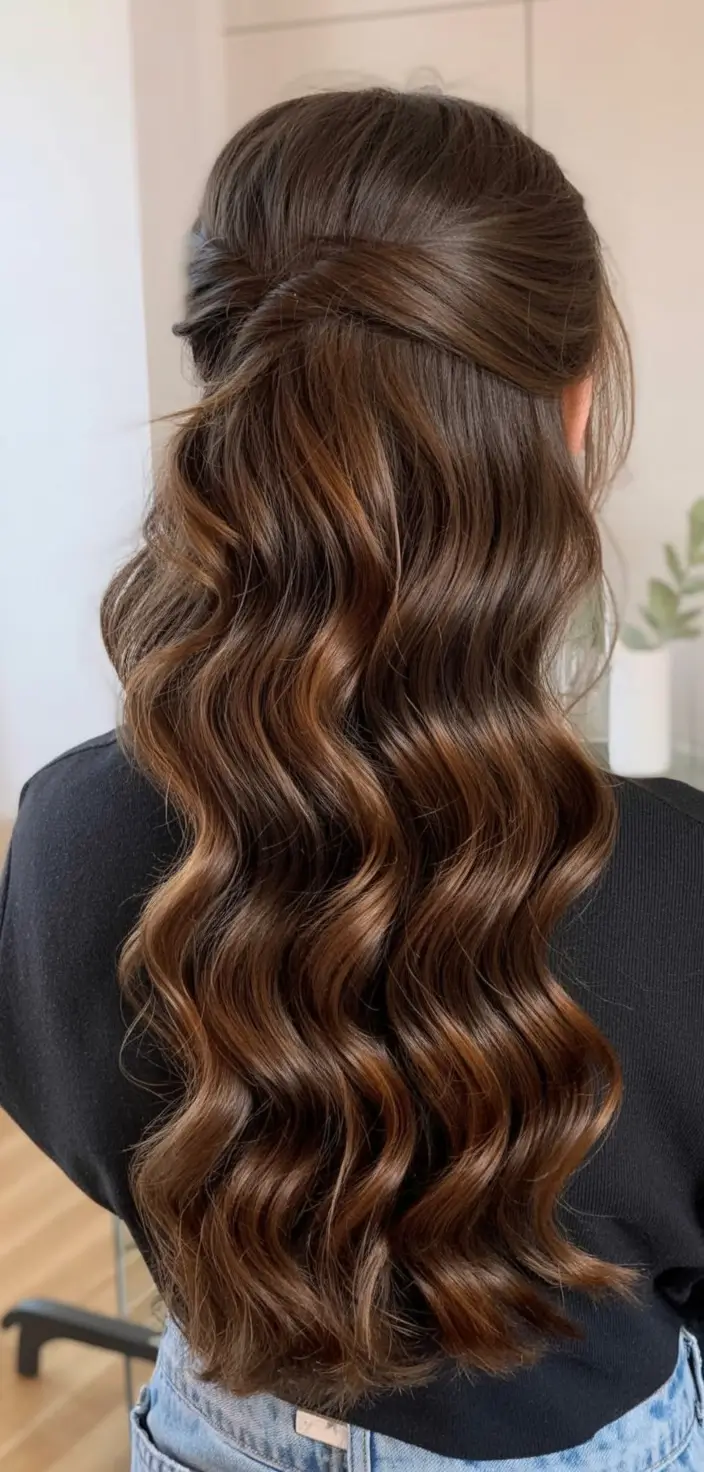 easy spring hairstyle for long hair 2026 Twisted Half-Up Waves With Dimensional Brunette Shine