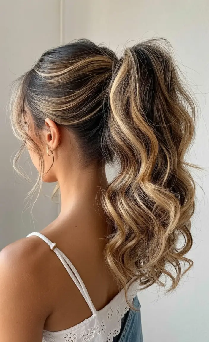 easy spring hairstyle for long hair 2026 Sunlit Balayage Ponytail With Cascading Curls