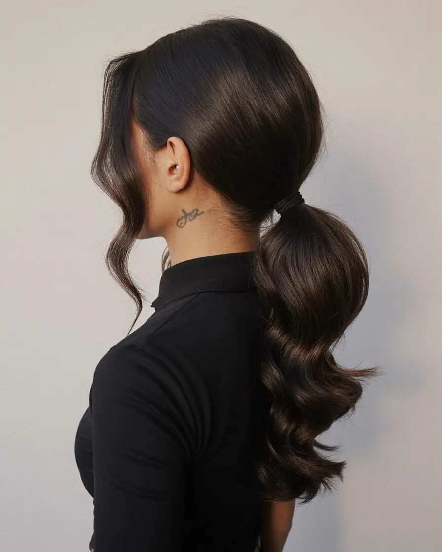 easy spring hairstyle for long hair 2026 Sleek Low Ponytail With Sculpted Retro Waves