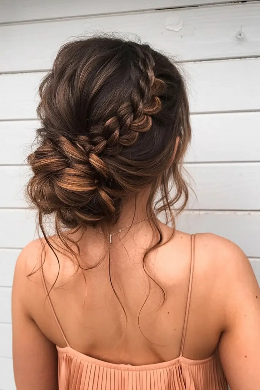 easy spring hairstyle for long hair 2026 Braided Low Bun With Loose Spring Tendrils